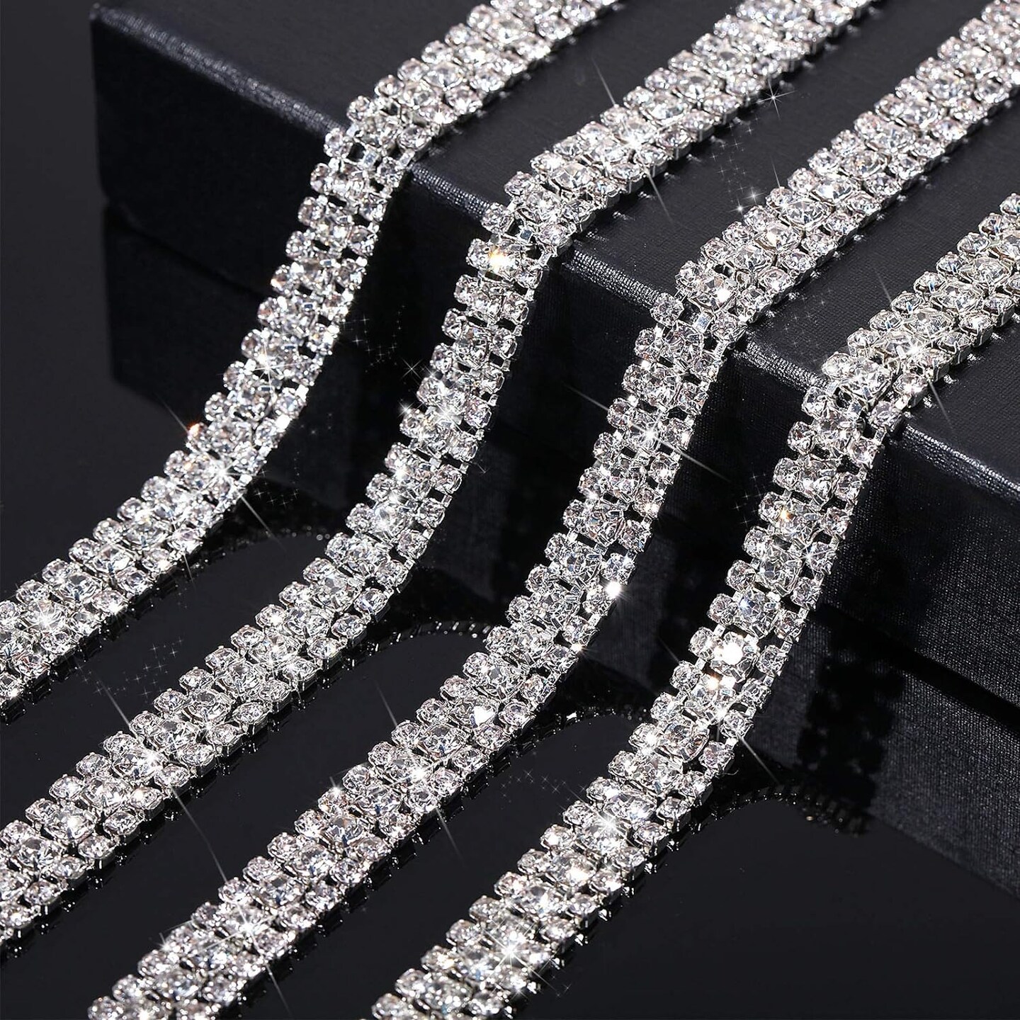 3 Rows Crystal Rhinestone Chain Rhinestone Strips Chain Trim for Sewing Craft, DIY, Wedding, Jewelry, Decoration (White Rhinestone with Silver Base,3 Yard x 0.47 Inch)