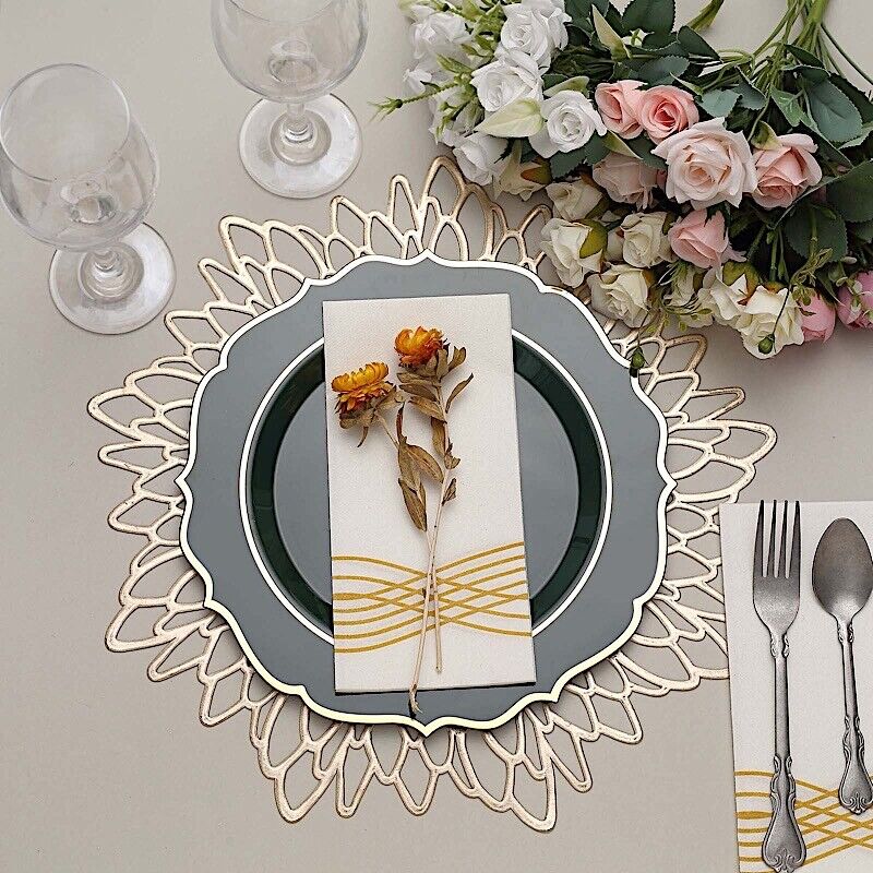 20 HUNTER GREEN 10.5&#x22; Round Plastic Dinner Plates GOLD Scalloped Rim