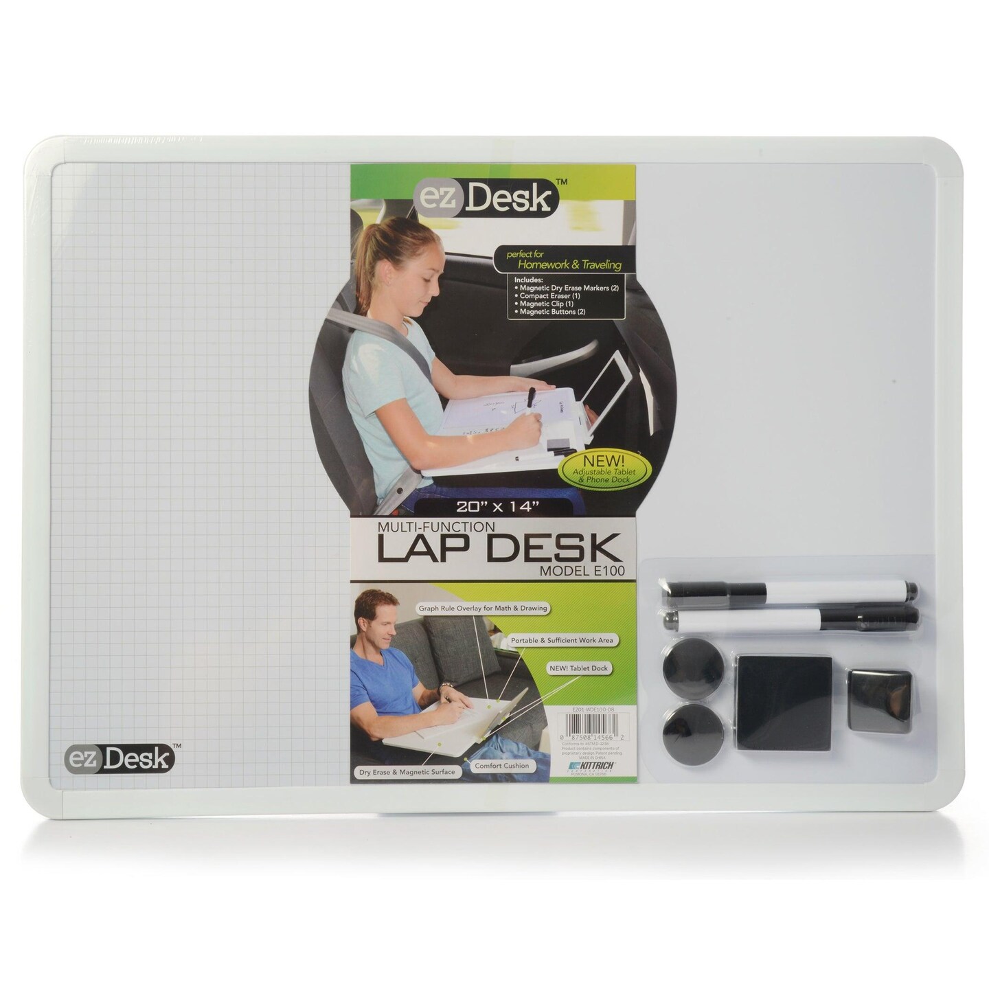 EzDesk Magnetic Dry Erase Lap Desk with Graph Ruling, Adjustable Tablet Dock &#x26; Accessories, 20&#x22; x 14&#x22;