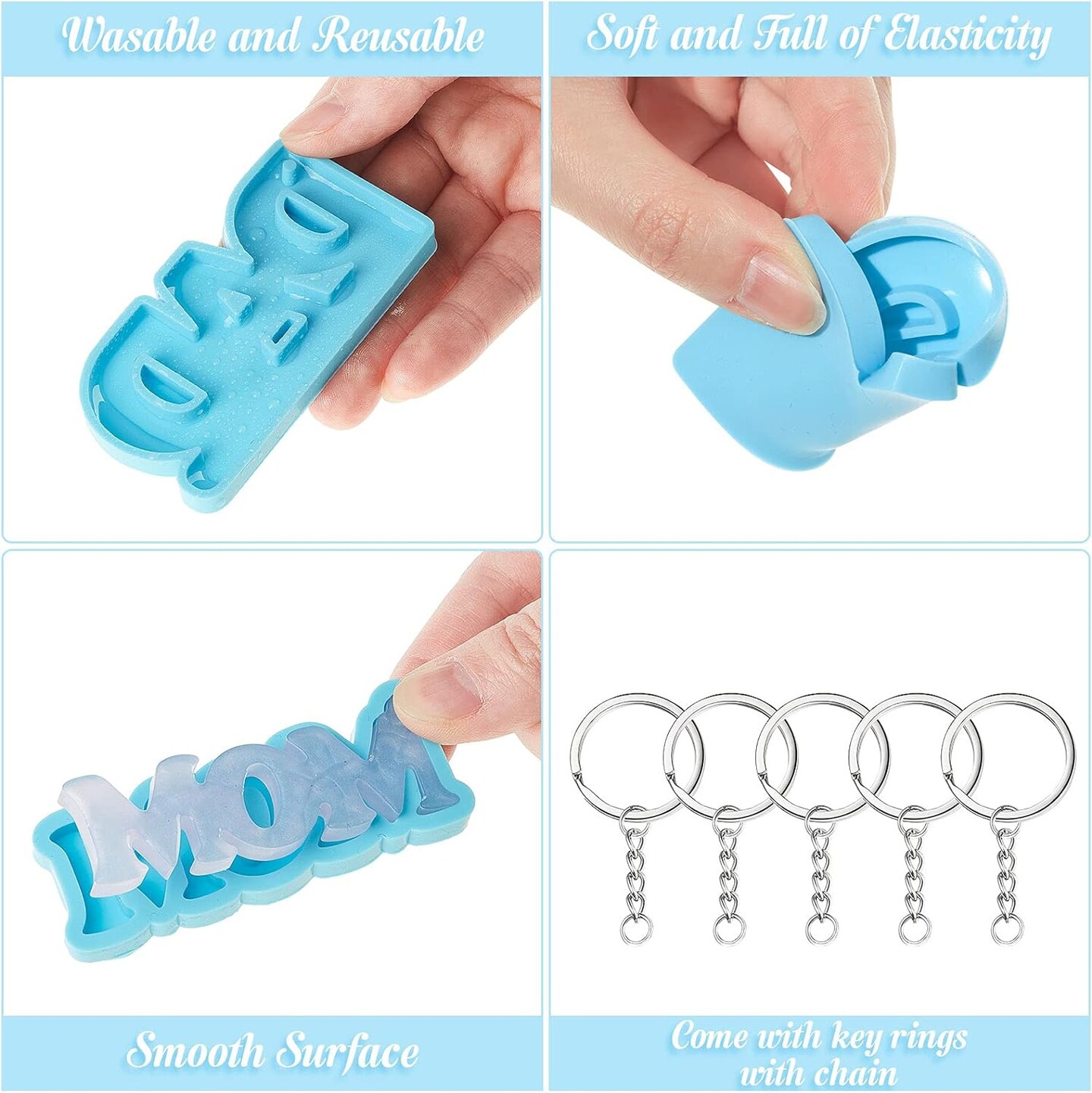 6 Pieces Mom Dad Keychain Resin Molds Silicone Mom Dad Letter Keychain Molds Heart Shape Keychain Pendant Mold with 10 Pieces Key Rings for DIY Keychain Jewelry Home Decorations Making Supplies
