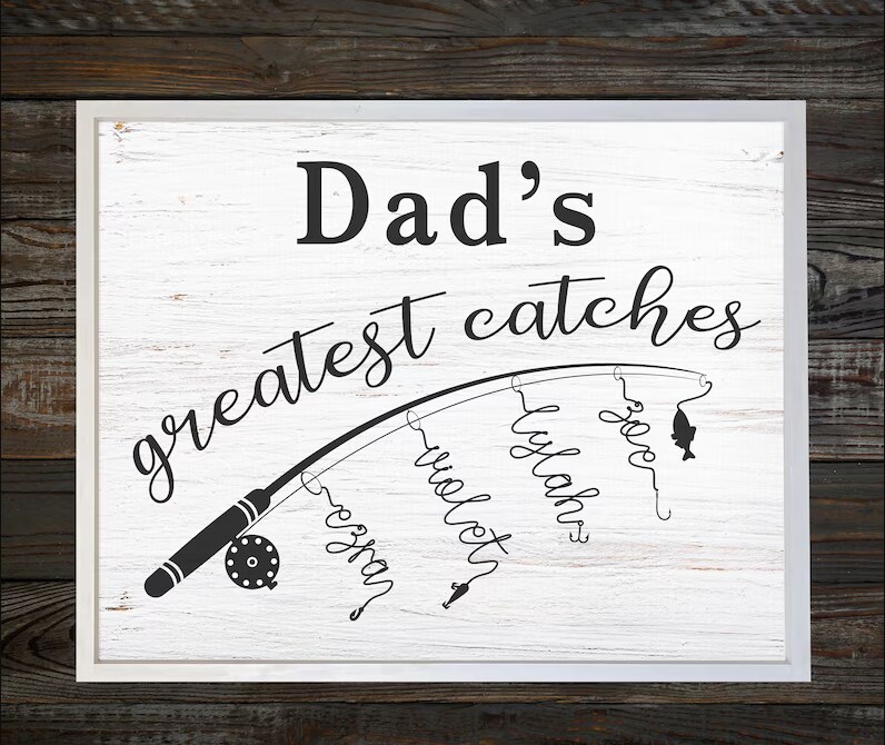 Father's Day Fishing Decor — Faux Printed Wood Pattern Background, Father's Day Gift Idea, Gone Fishing Wall Signs, Greatest Catch 332371686902136832