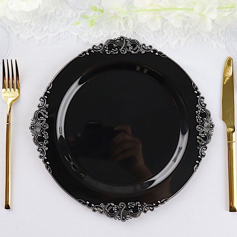 10 BLACK SILVER 10&#x22; Round Plastic Salad Dinner PLATES
