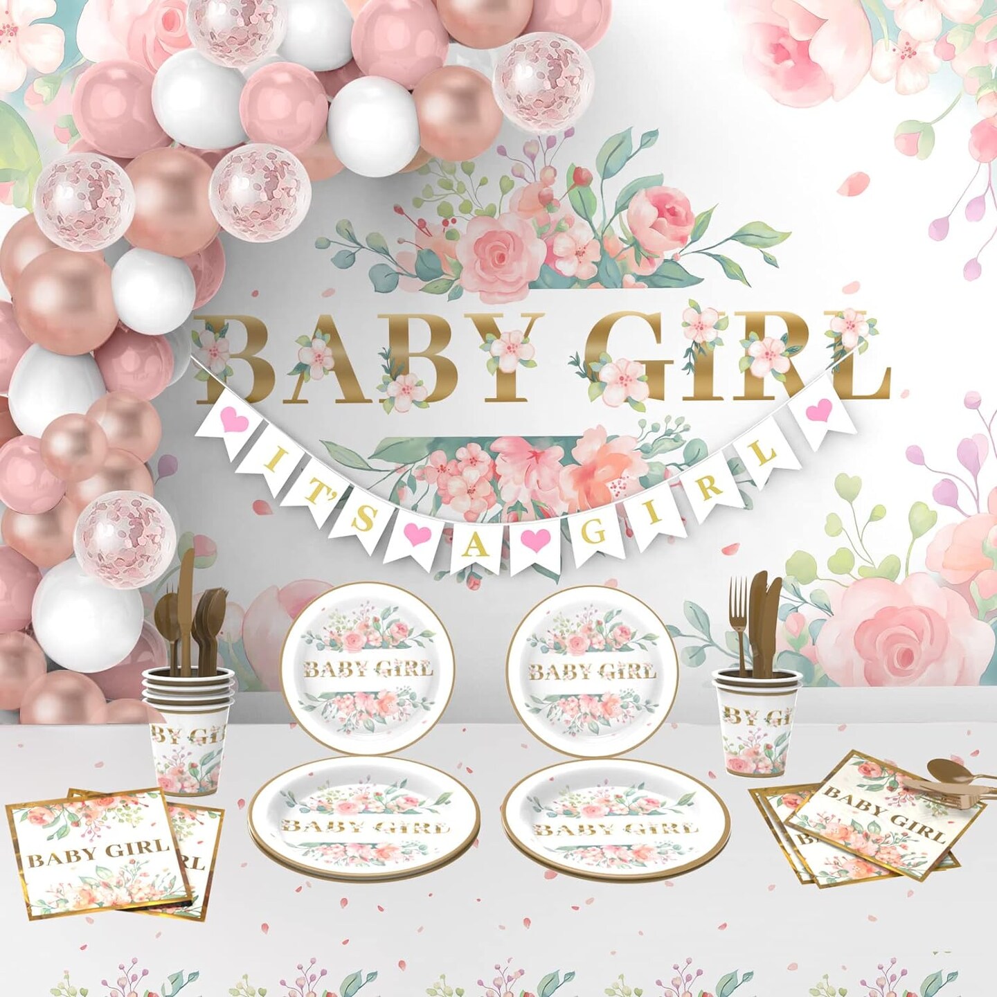 Baby Shower Decorations for Girl&#xFF0C;242 PCS of Floral Girl Baby Shower Decorations Party Supplies with Background,Disposable Tableware&#xFF08;25 guests),&#x22;It&#x27;s A Girl&#x22; Banner, Balloons Wreath and Tablecloth