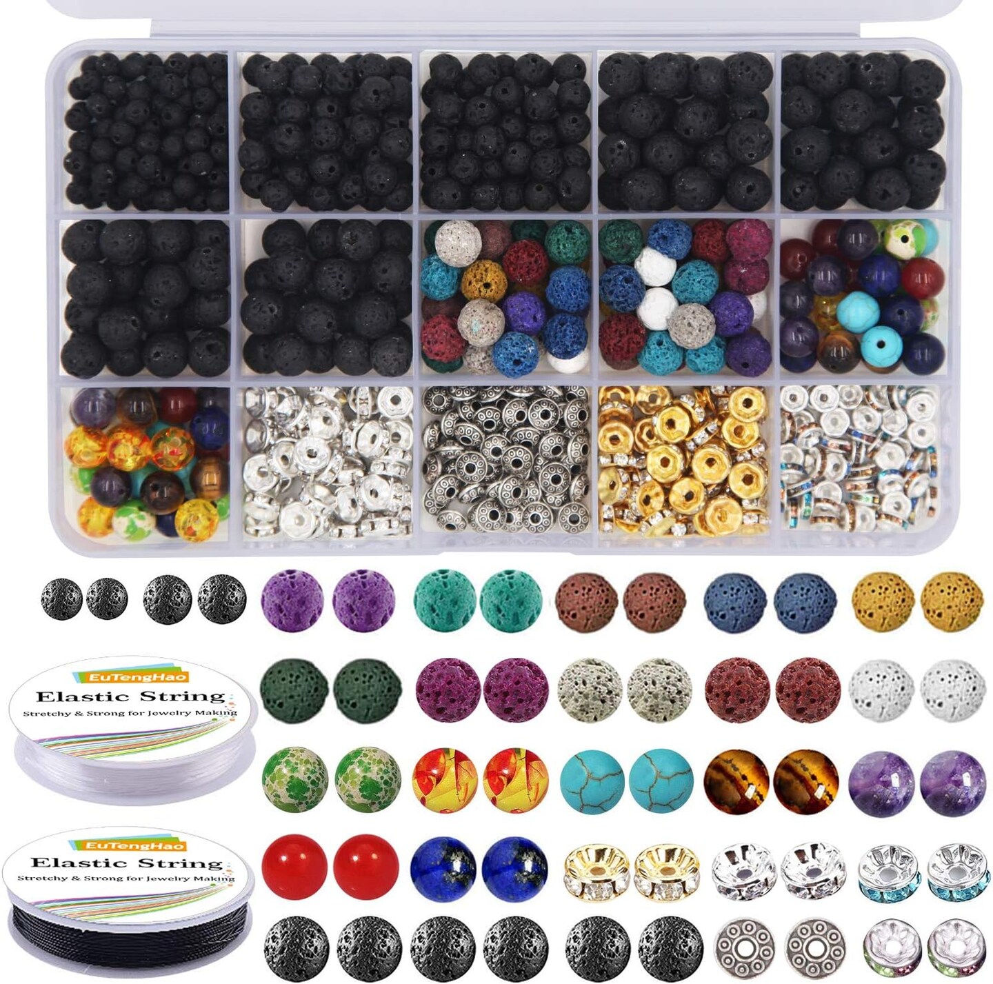 602Pcs Lava Beads Stone Kits with 8mm Chakra Beads and Spacers Beads Bracelet Elastic String for Diffuse Essential Oils Adult DIY Jewelry Making Supplies