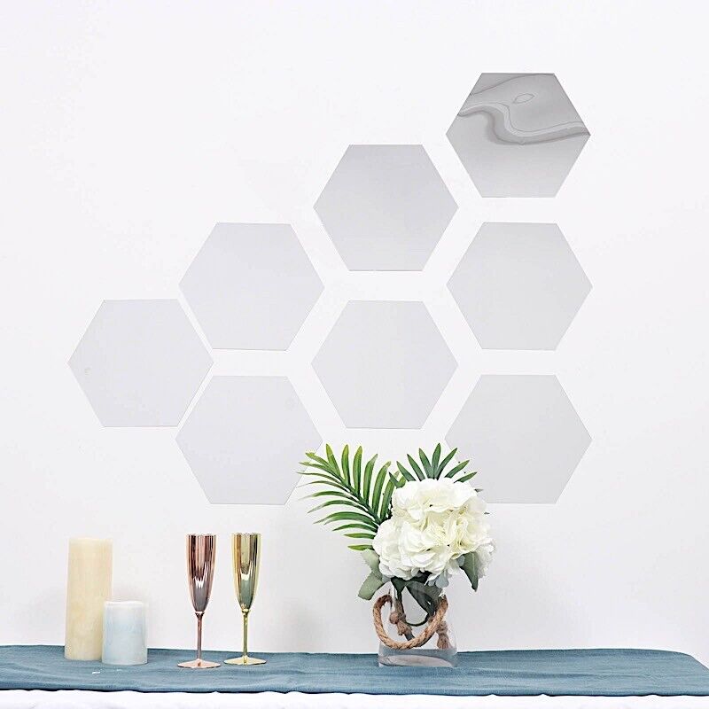 Hexagon 12 Silver 10" MIRROR STICKERS Acrylic WALL DECALS