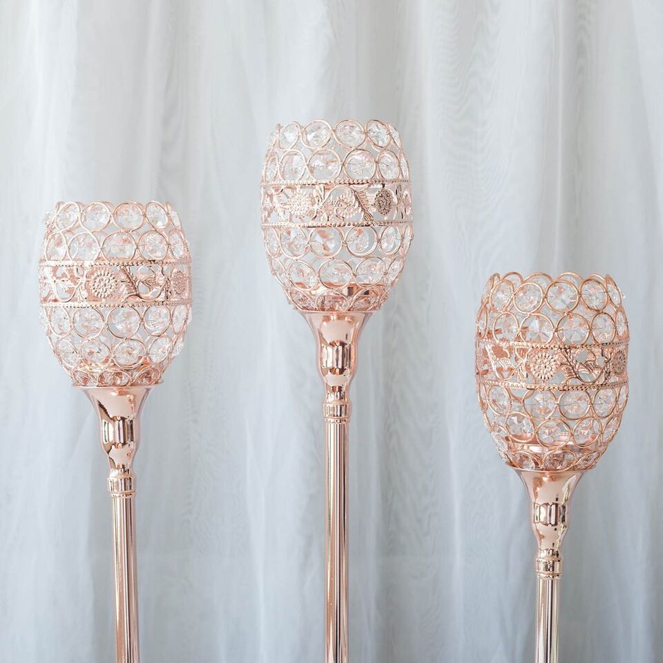 2 Rose Gold Metal 16&#x22; tall Beaded Candle Holder