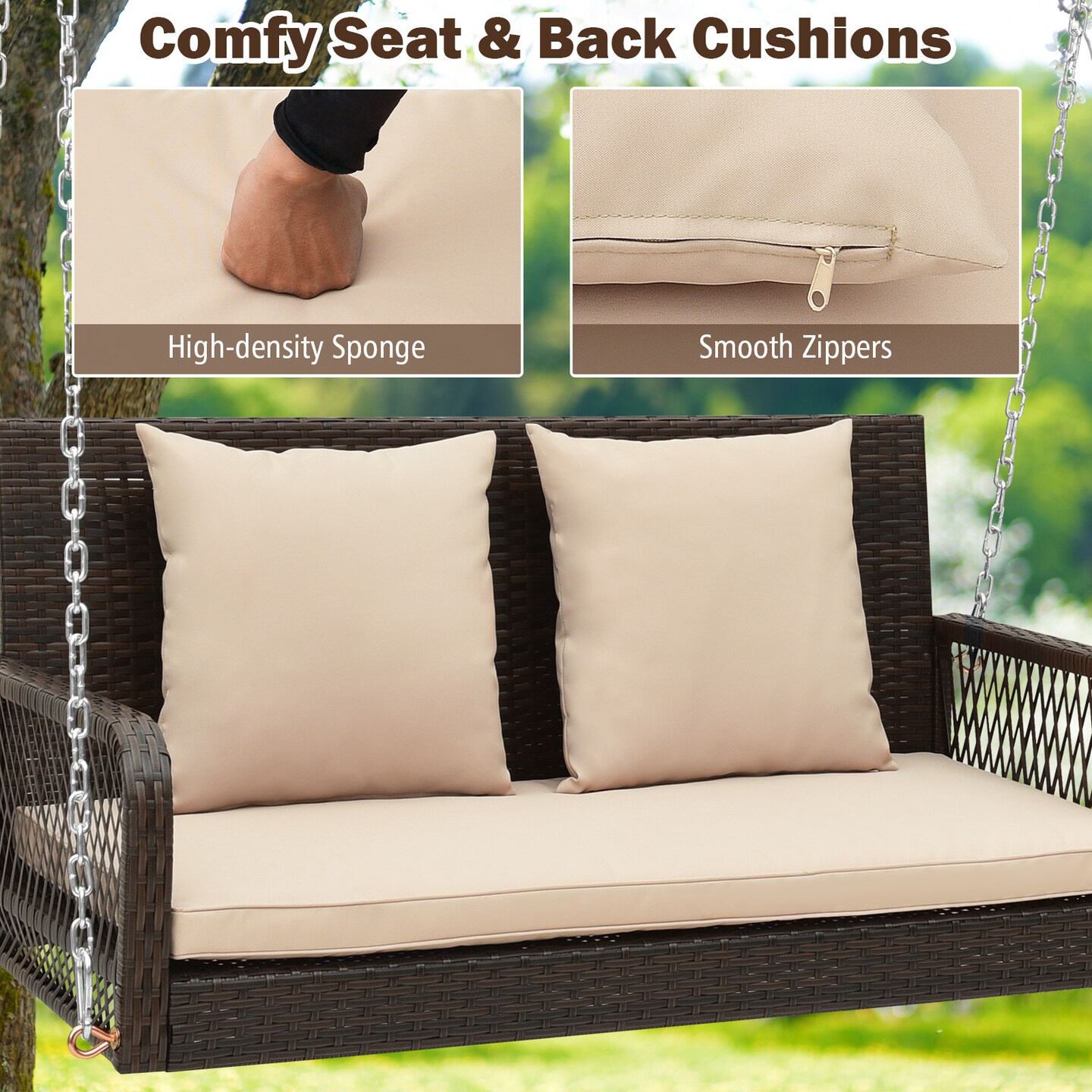 2-person Outdoor Wicker Porch Swing With Seat And Back Cushions