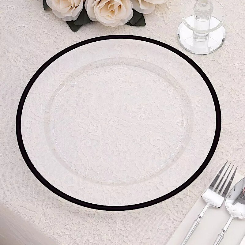 CLEAR BLACK 10 Round 12&#x22; Heavy Duty Plastic CHARGER PLATES