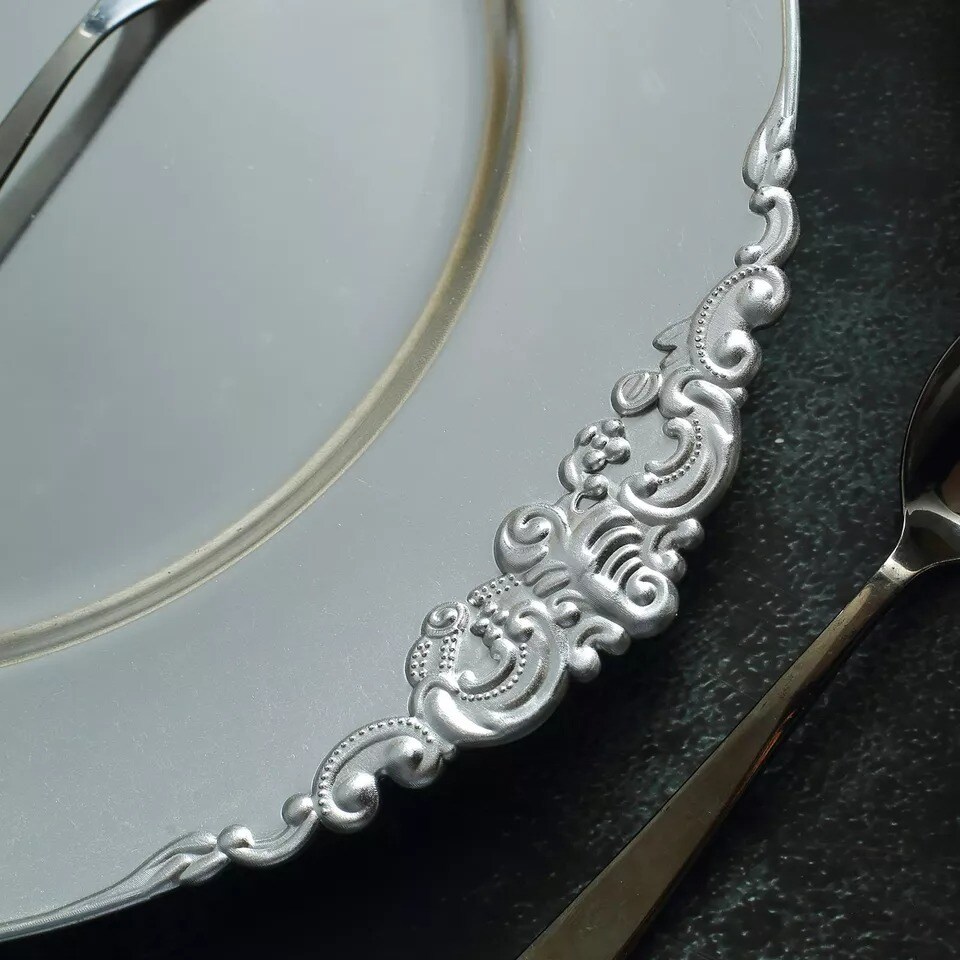 6 SILVER 13&#x22; Round with Embossed Rim Charger Plates