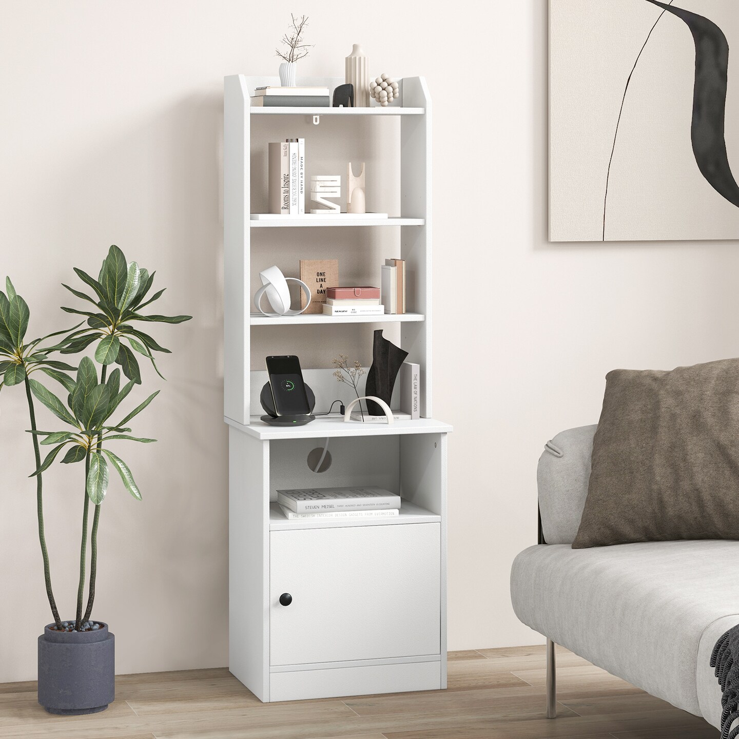 Bedside Tables Tall Nightstands with 5 Open Shelf and Cabinet