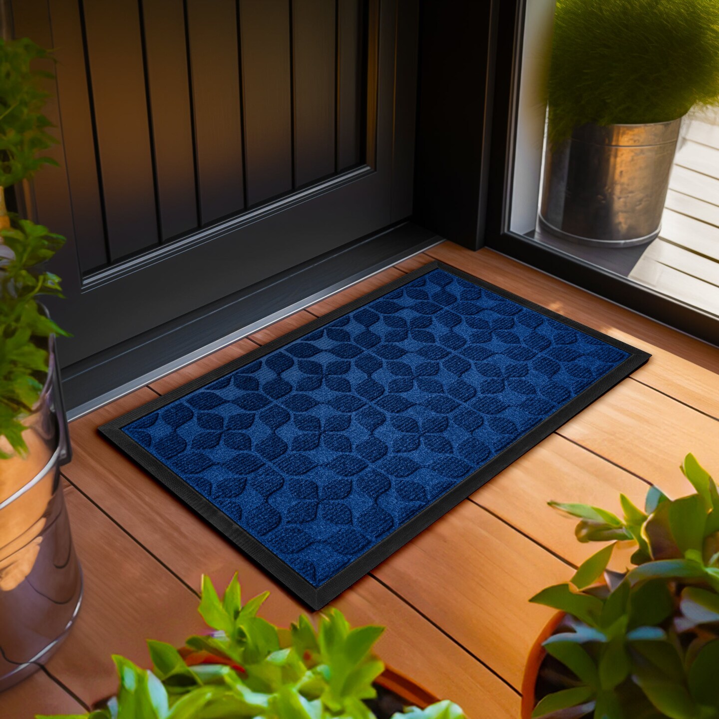 G128 Home Entrance Blue Geometric Floral Pattern Door Mat | 17x29.5 In | Thick Absorbent Natural Rubber Non Slip, Indoor/Outdoor, Easy Clean, Welcome Mats for Front Door/Patio/Garage