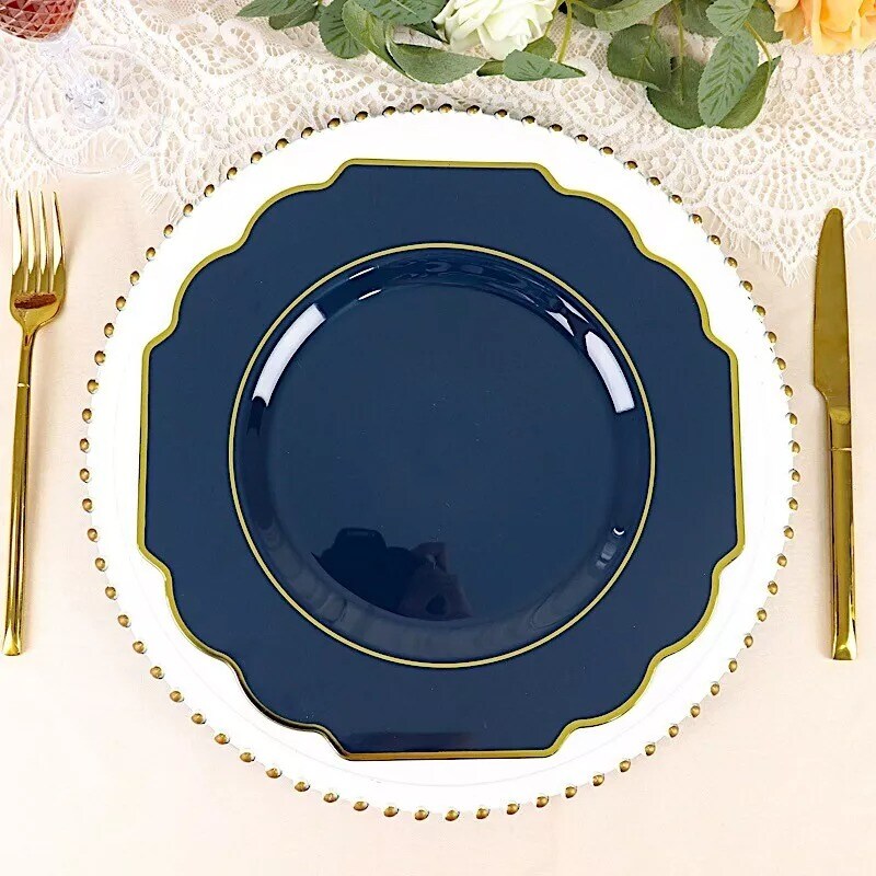 10 NAVY BLUE 12&#x22; Baroque PLASTIC DINNER PLATES with Gold Rim