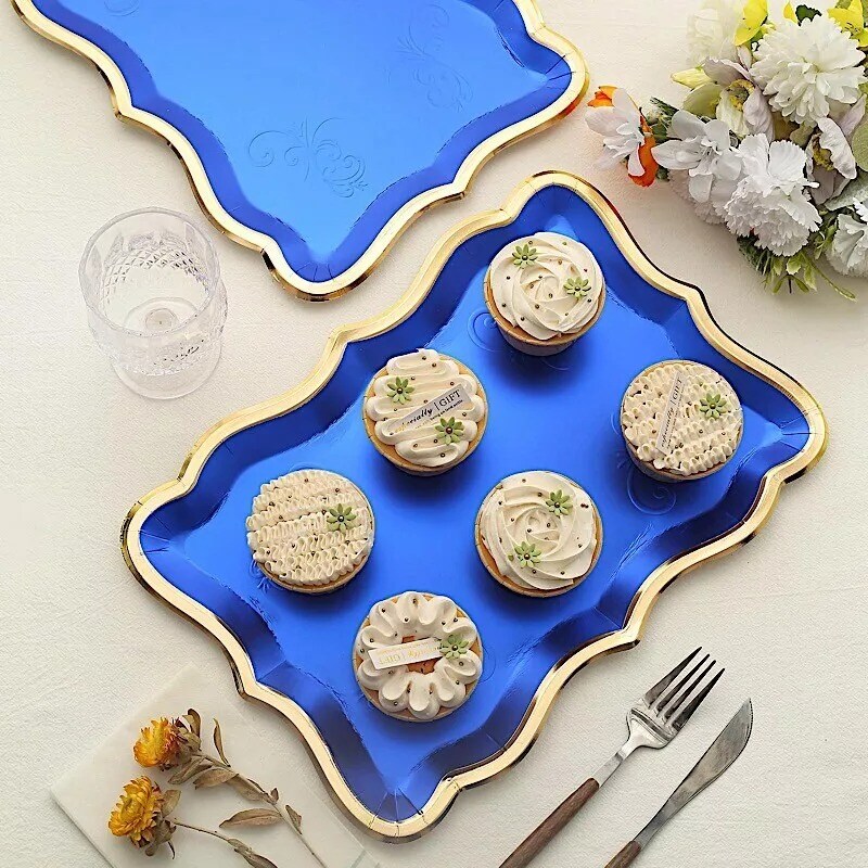 ROYAI BLUE 10 Rectangle 14&#x22; Paper SERVING TRAYS Scroll Design