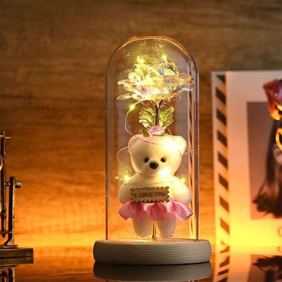 Light Up Rose in A Glass Dome with Teddy Bear