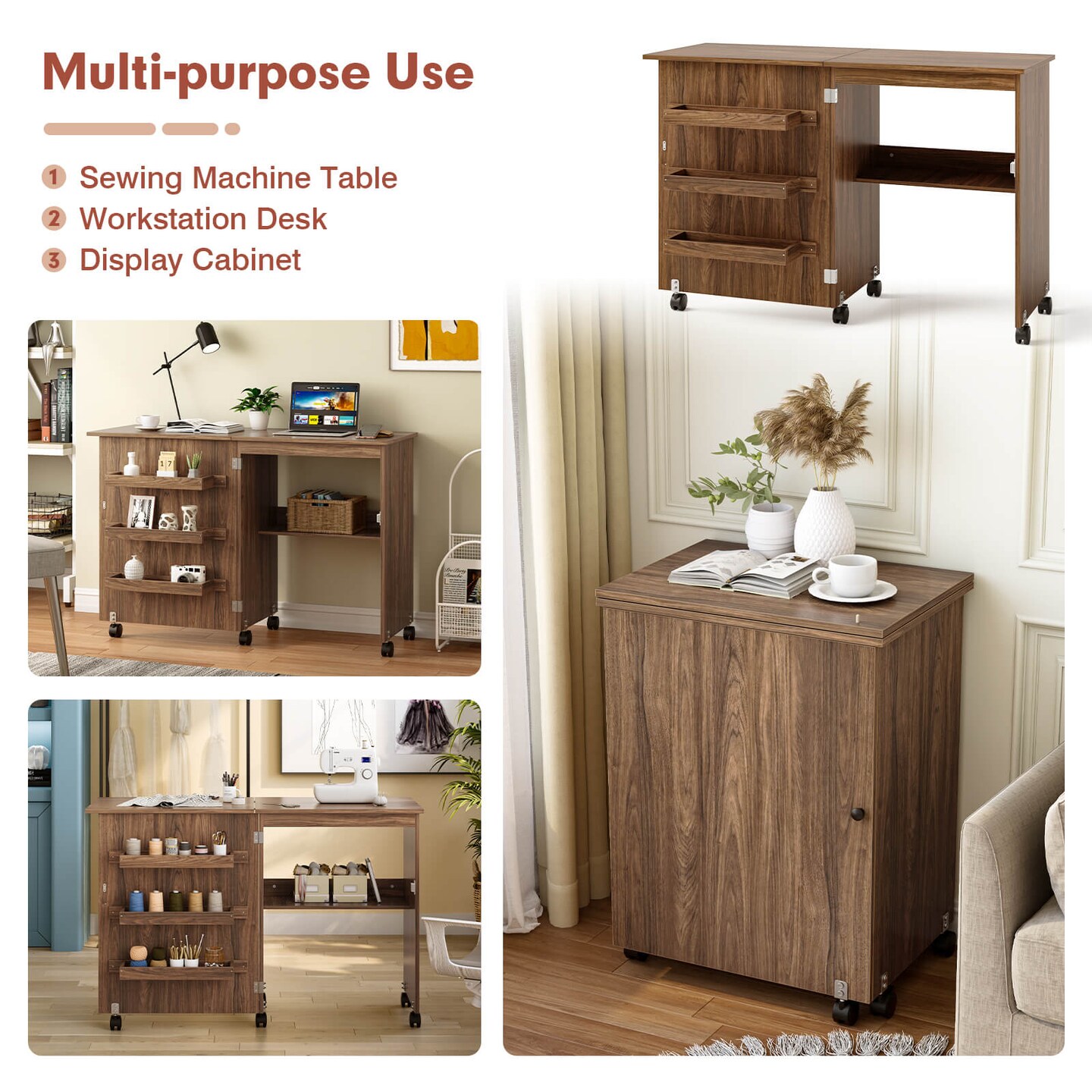 Folding Sewing Craft Table Shelf Storage Cabinet Home Furniture