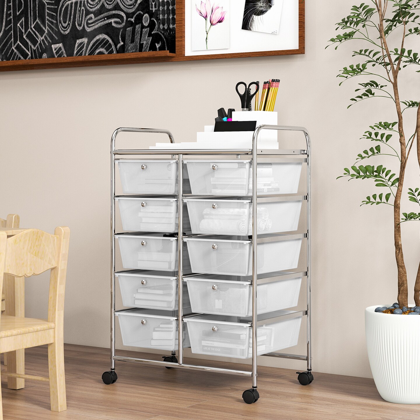 10 Drawer Rolling Storage Cart with Lockable Wheels Metal Frame Organizer for Office Classroom Craft Room Storage