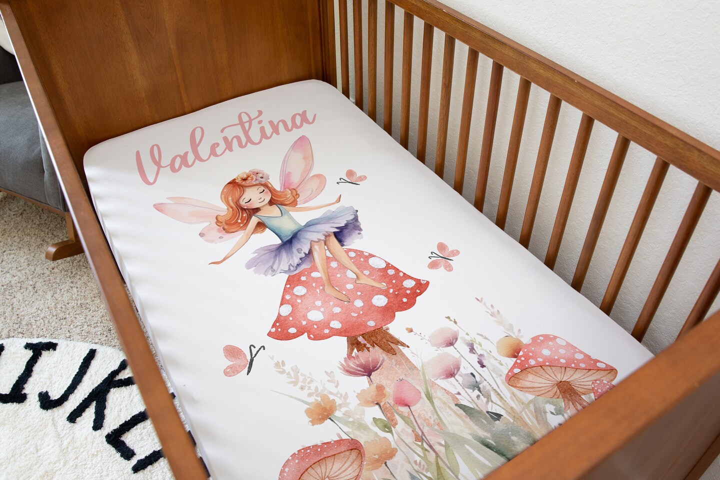Personalized Fairy crib sheet, Fairy crib bedding, Forest fairies nursery bedding, Mushroom crib sheet, Wildflowers nursery Fairy garden