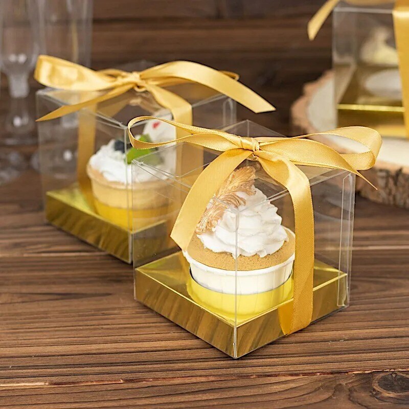 CLEAR GOLD 12 Square 3.5&#x22; Mini Cupcake BOXES Favor Holders