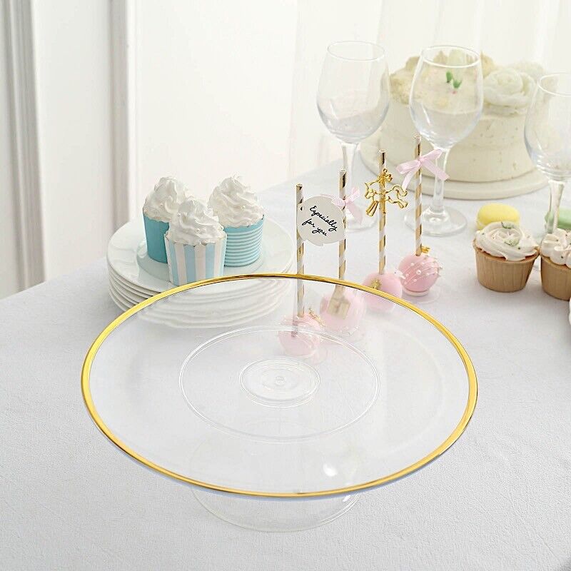 CLEAR 2 Round 12&#x22; Plastic CAKE STAND Dessert Display Riser Gold Rim