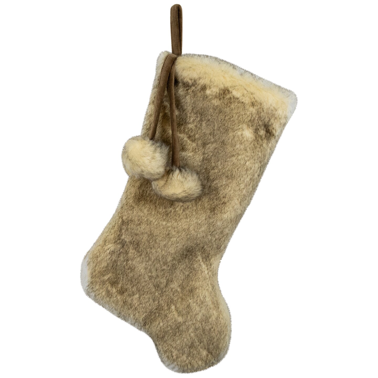 Northlight Faux Fur Christmas Stocking with Pom Poms - 20.5&#x22; - Beige and Brown