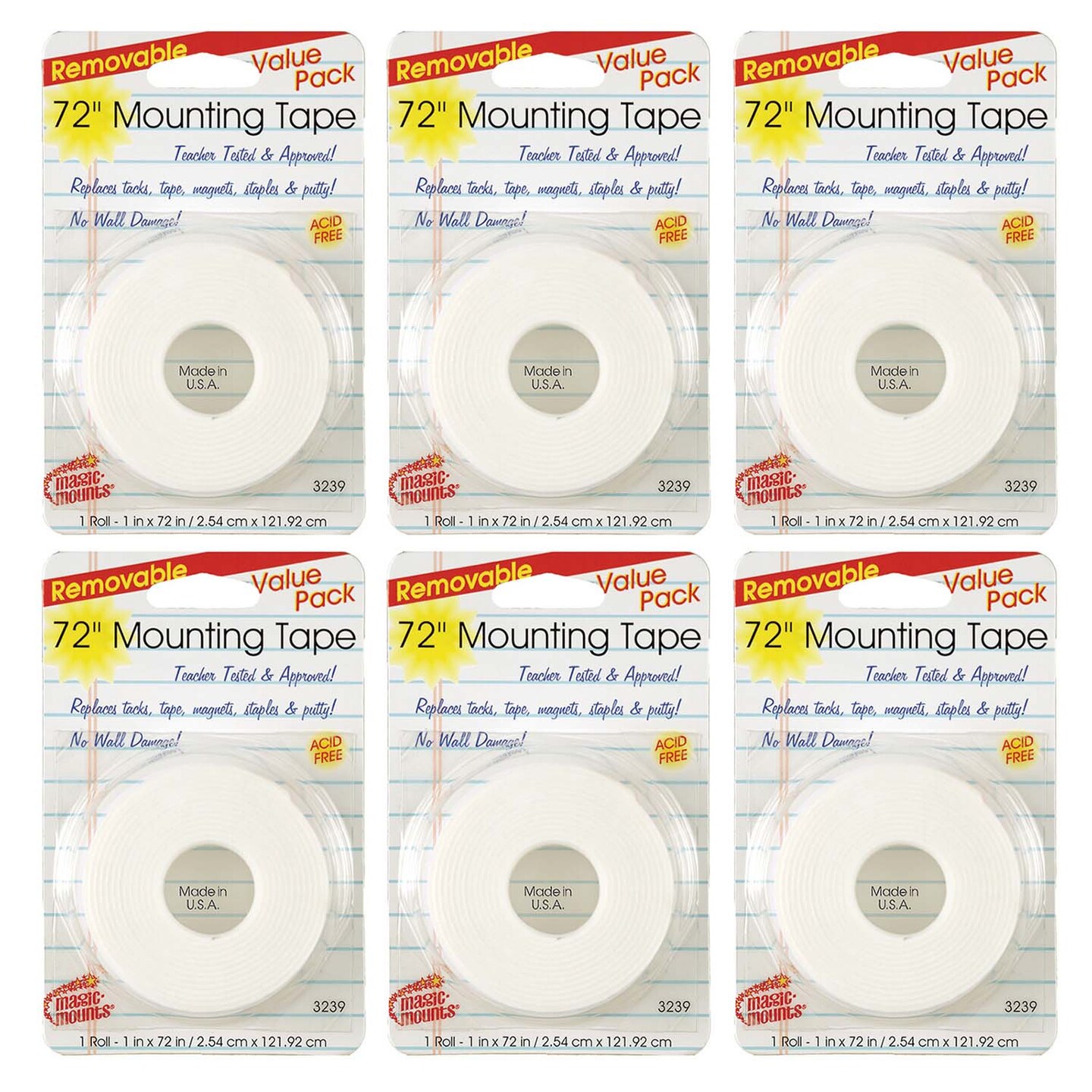 Removable Mounting Tape, 1&#x22; x 72&#x22;, 6 Rolls