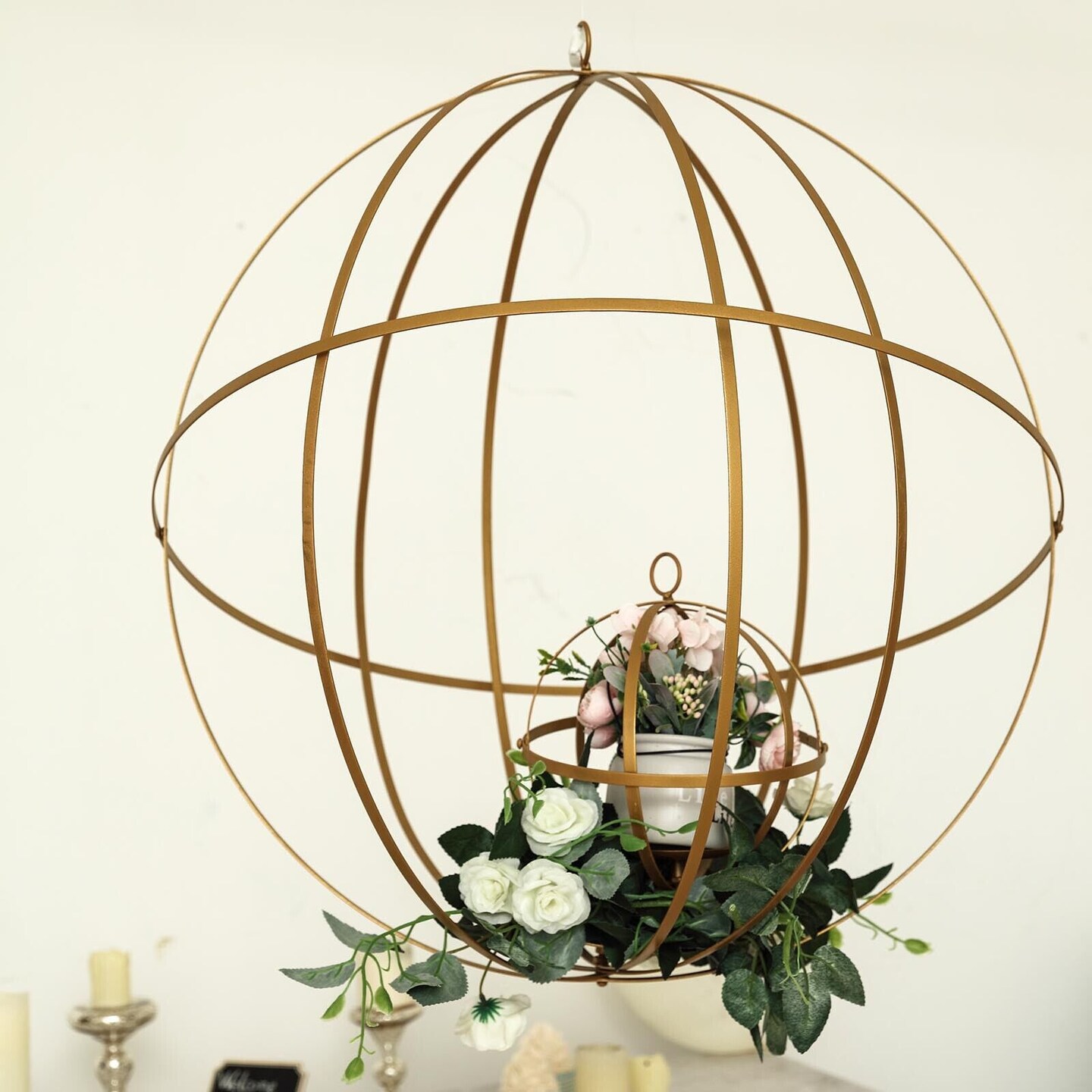 25-Inch Gold Globe Ring Hanging Candle Holder