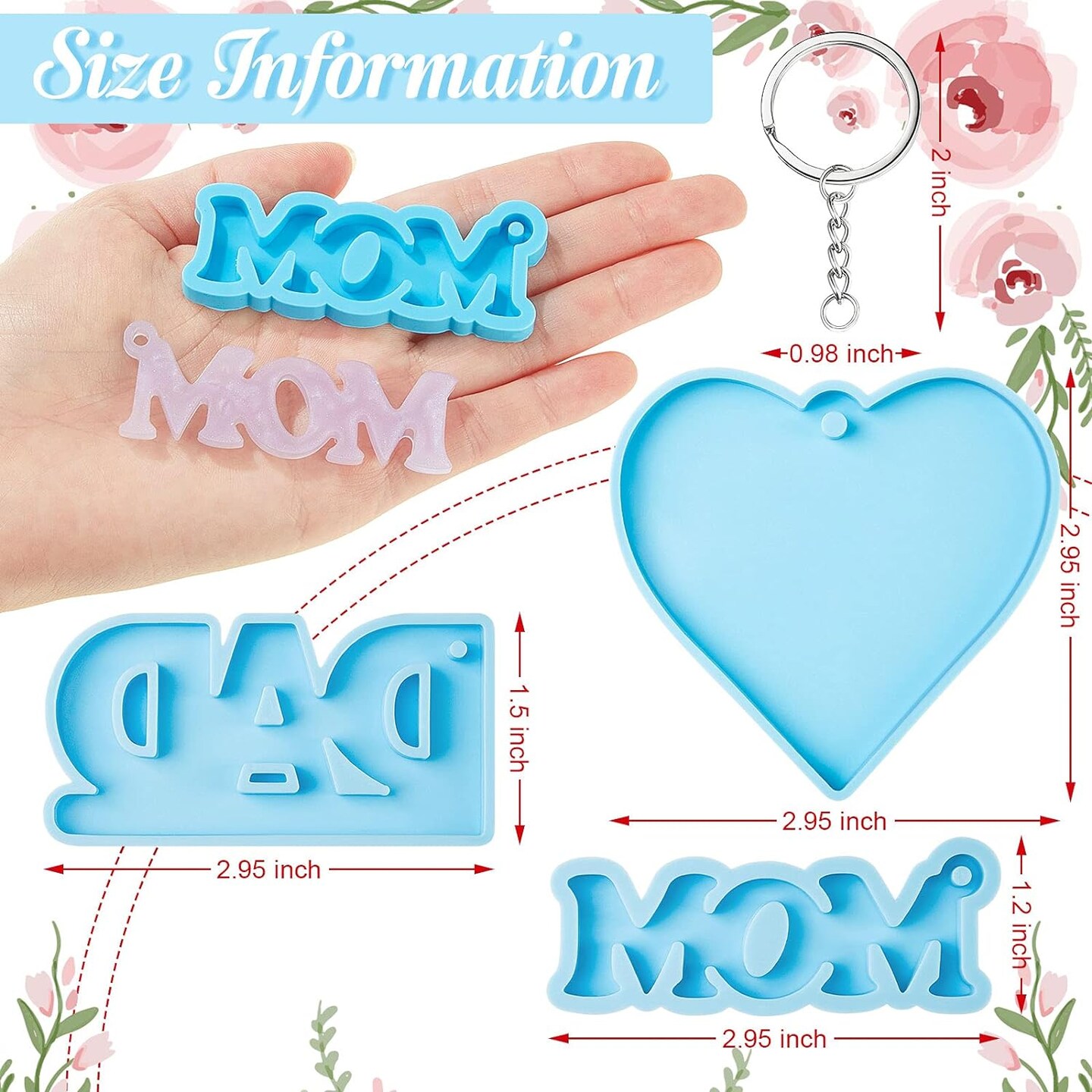 6 Pieces Mom Dad Keychain Resin Molds Silicone Mom Dad Letter Keychain Molds Heart Shape Keychain Pendant Mold with 10 Pieces Key Rings for DIY Keychain Jewelry Home Decorations Making Supplies