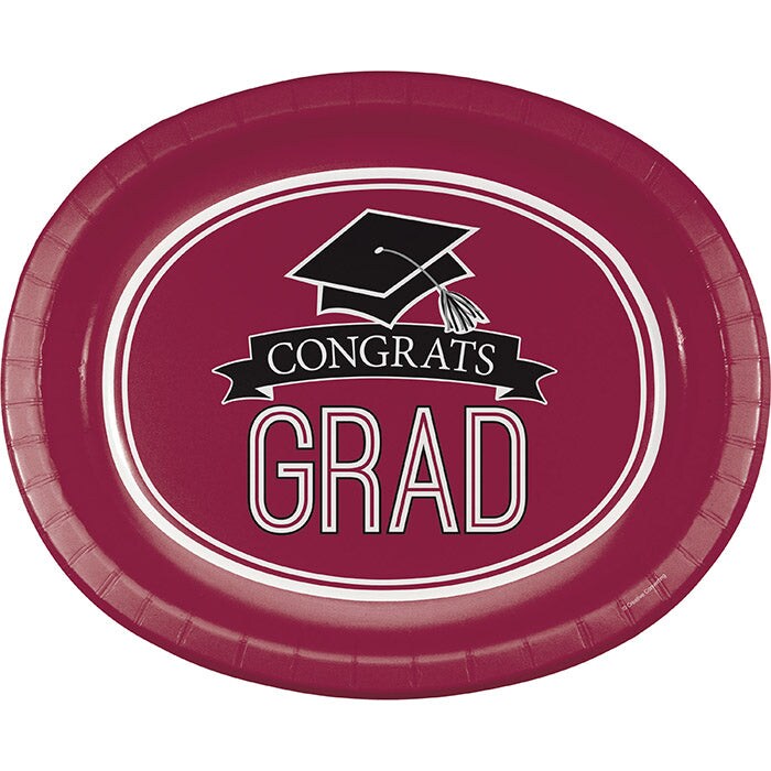 Burgundy Graduation Red Paper Oval Platters, 10&#x22; X 12&#x22;, 8/Pkg