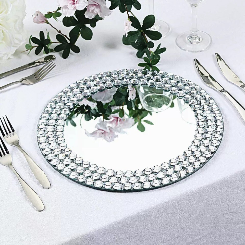 2 SILVER 13&#x22; Round Mirror Glass CHARGER PLATES Diamond Rim