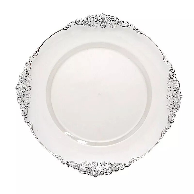 6 CLEAR 13&#x22; Round with SILVER Embossed Rim Charger Plates