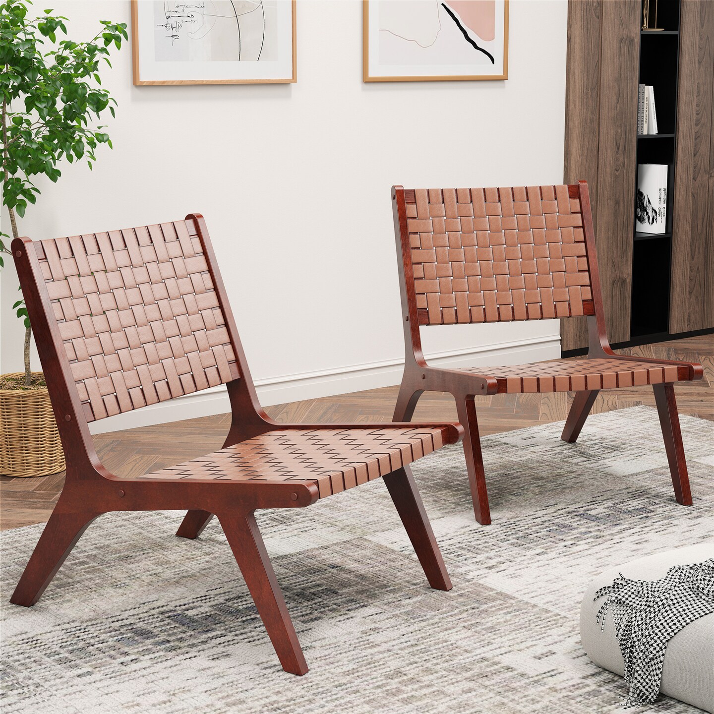 Woven Leather Accent Chairs With Wood Frame-set Of 2