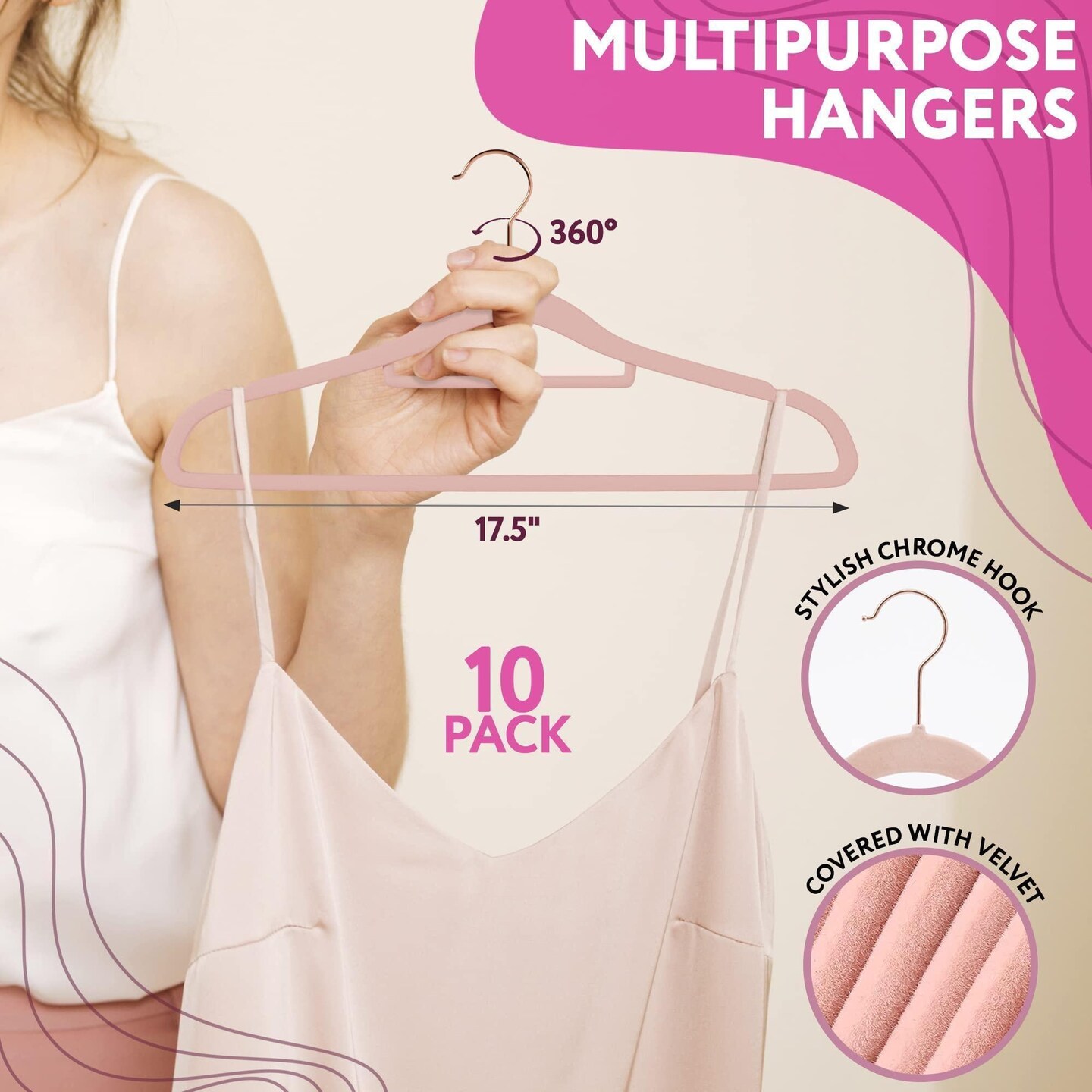 Rose Velvet Hangers 17.5. Pack of 10 Thin Hangers Non Slip Velvet for Any Clothing Style. Sturdy &#x26; HeavyDuty Velvet Hanger 17.5 Inch Size. Portable Adult Velvet Clothes Hangers