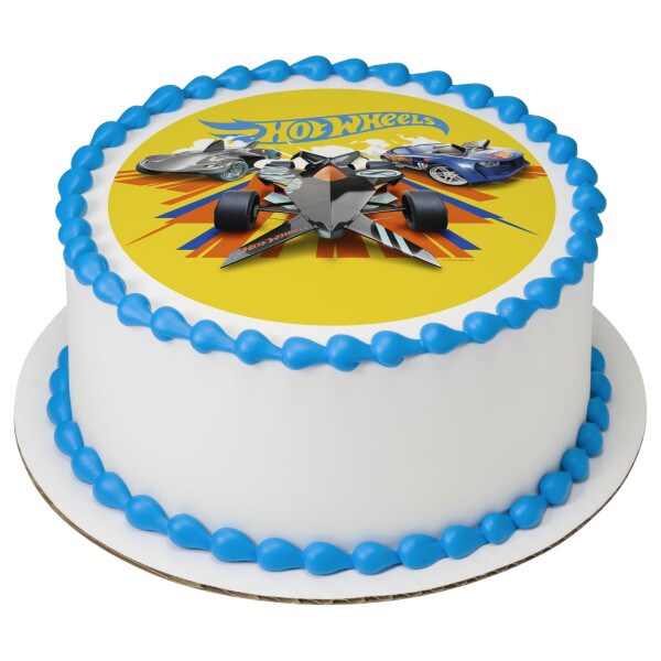 Hot Wheels&#x2122; Burnin&#x27; Rubber Edible Cake Topper Image - 7.5&#x22; Round