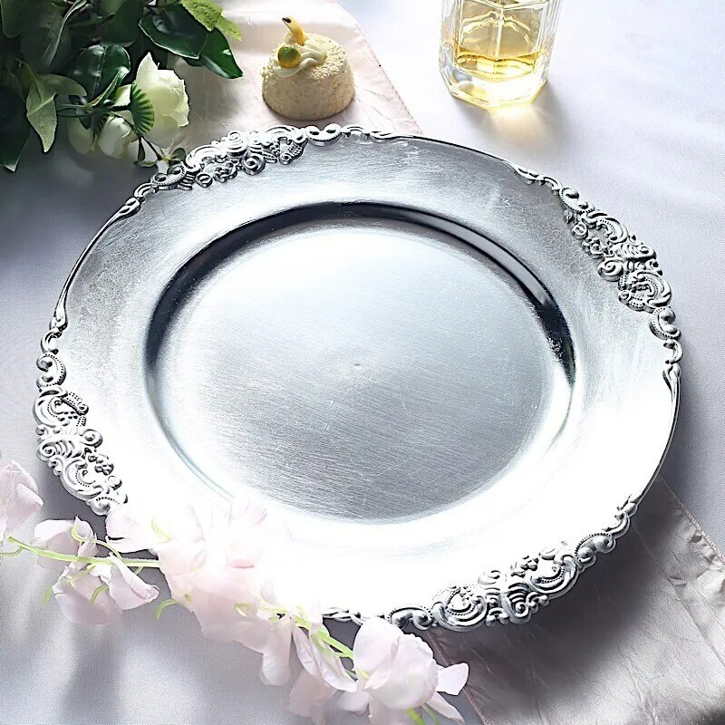 6 SILVER 13&#x22; Round with Embossed Rim Charger Plates