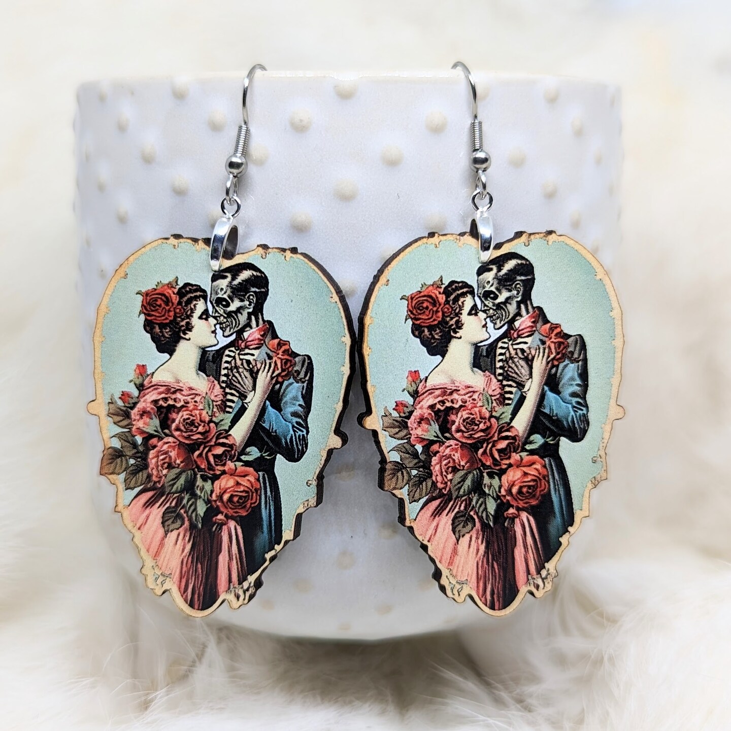 Creepy Zombie Couple Heart Earrings Wood Earrings Laser Cut
