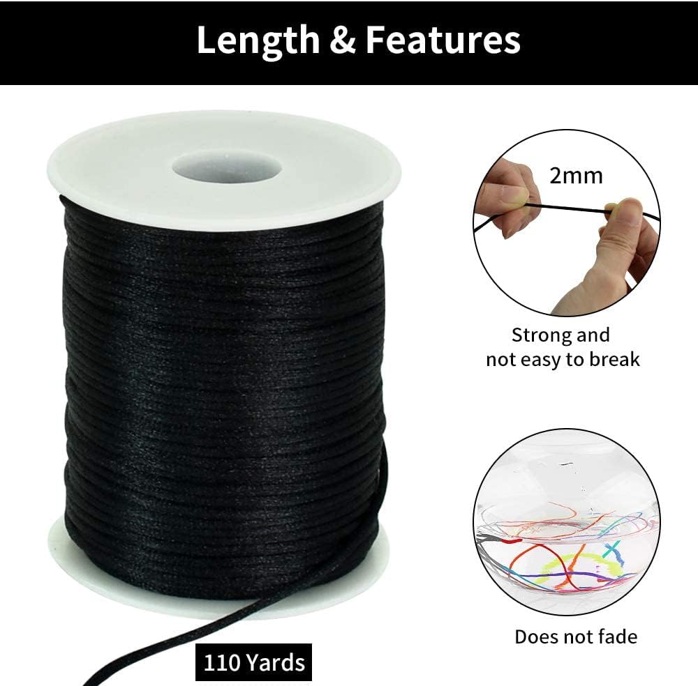 2mm x 110 Yards Black Nylon Cord Satin String for Bracelet Jewelry Making Rattail Macrame Waxed Trim Cord Necklace Bulk Beading Thread Kumihimo Chinese Knot CraftSCJ7F-00-B08VH-1