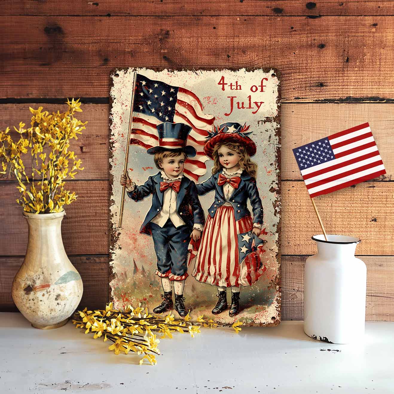 July 4th Decor - Vintage Card Art Sign - Independence Day Mantle