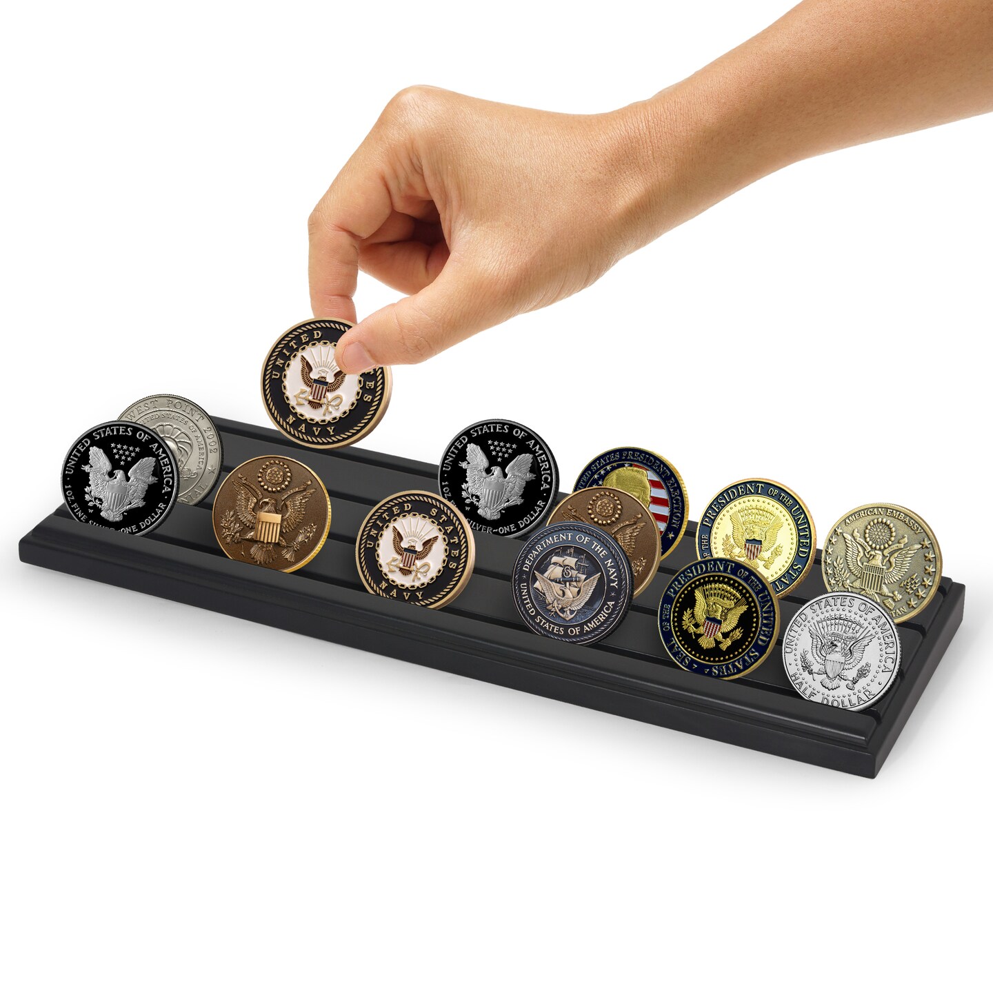 Americanflat 12x4 Challenge Coin Display - Four Rows for Displaying Military Challenge Coins - Showcase up to 30 Coins at Once - Collectible Coin Holder - Pinewood Finish - Black