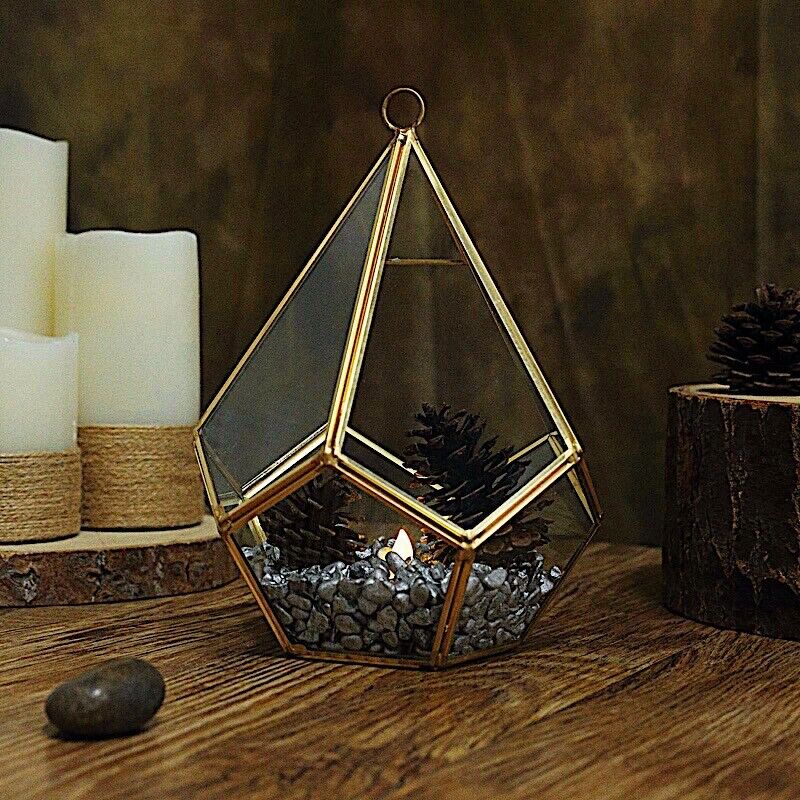 9-Inch tall Clear Gold Metal Teardrop Geometric GLASS TERRARIUM Vase