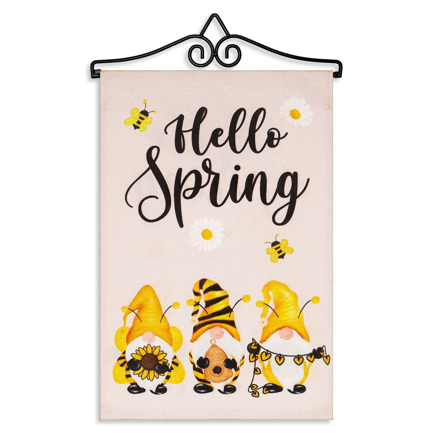 G128 Combo Pack Garden Flag Hanger 14IN & Garden Flag Hello Spring 3 Bee Gnomes 12x18IN Printed Double Sided Burlap Fabric