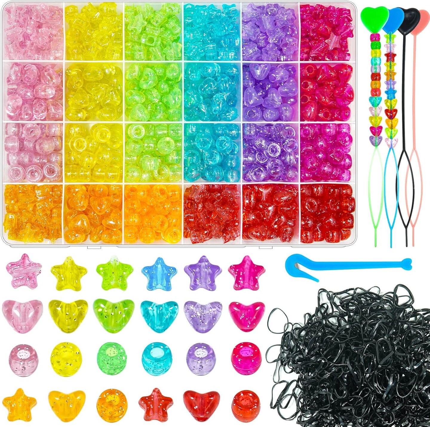 1680 Pcs Pony Beads Heart Star Hair Bead for Girl Braid, Acrylic Star Heart Glitter Sparkle Large Hole Pony Beads with Elastic Rubber Band Threaders Kit for Hair Bracelets Jewelry Making