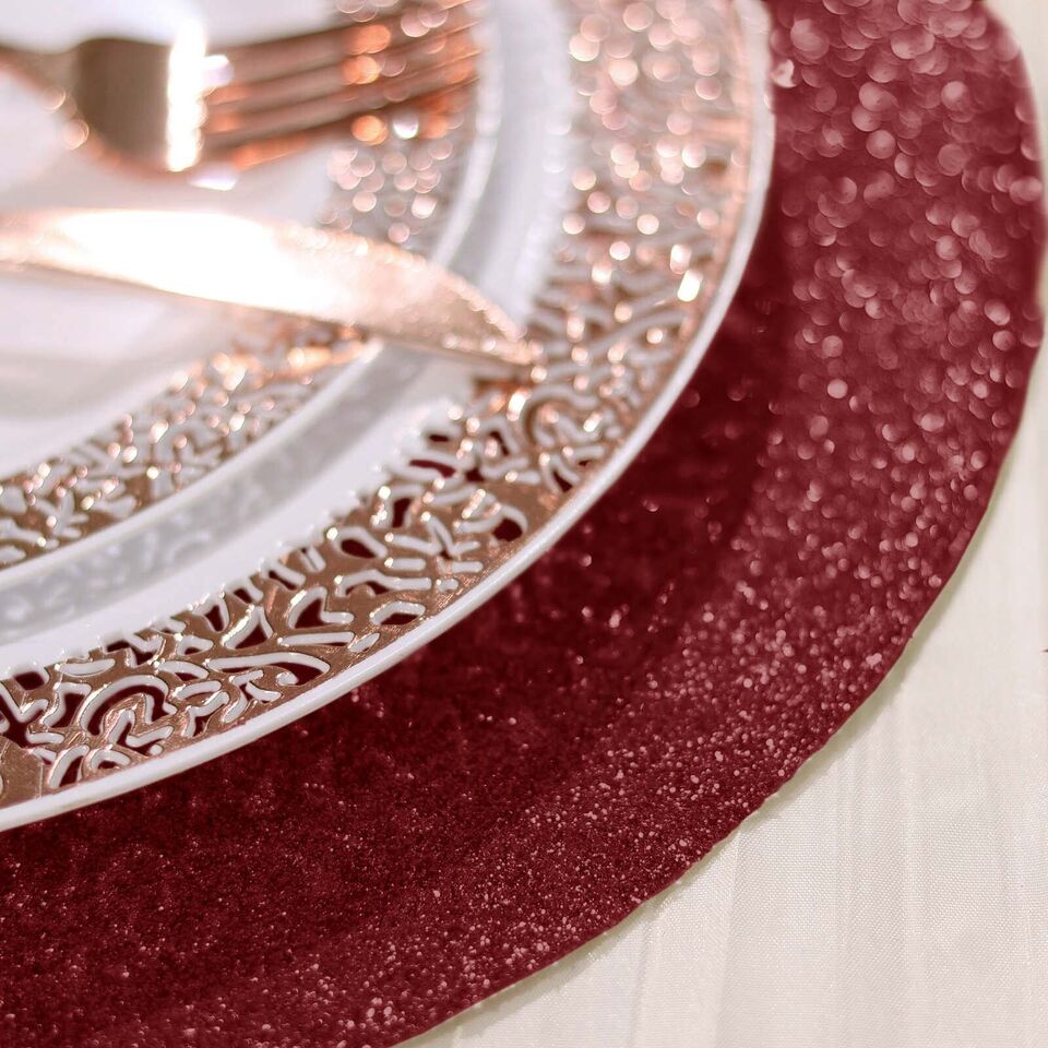 6 BURGUNDY 13&#x22; Round Glittered Faux Leather PLACEMATS