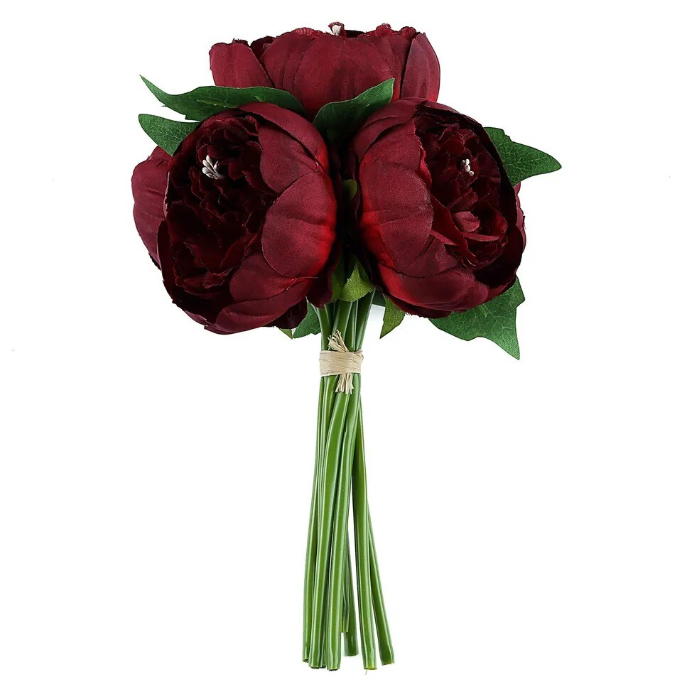 BURGUNDY 10" Silk Artificial Peony Flowers Bouquet Arrangement