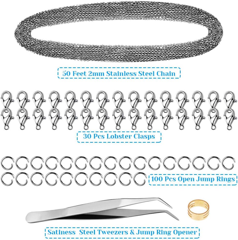50 Feet Stainless Steel Chains for Jewelry Making, Jewelry Chain Bulk Small Metal Chains with 100 Jump Rings 30 Lobster Clasps for Necklace Making Bracelet DIY