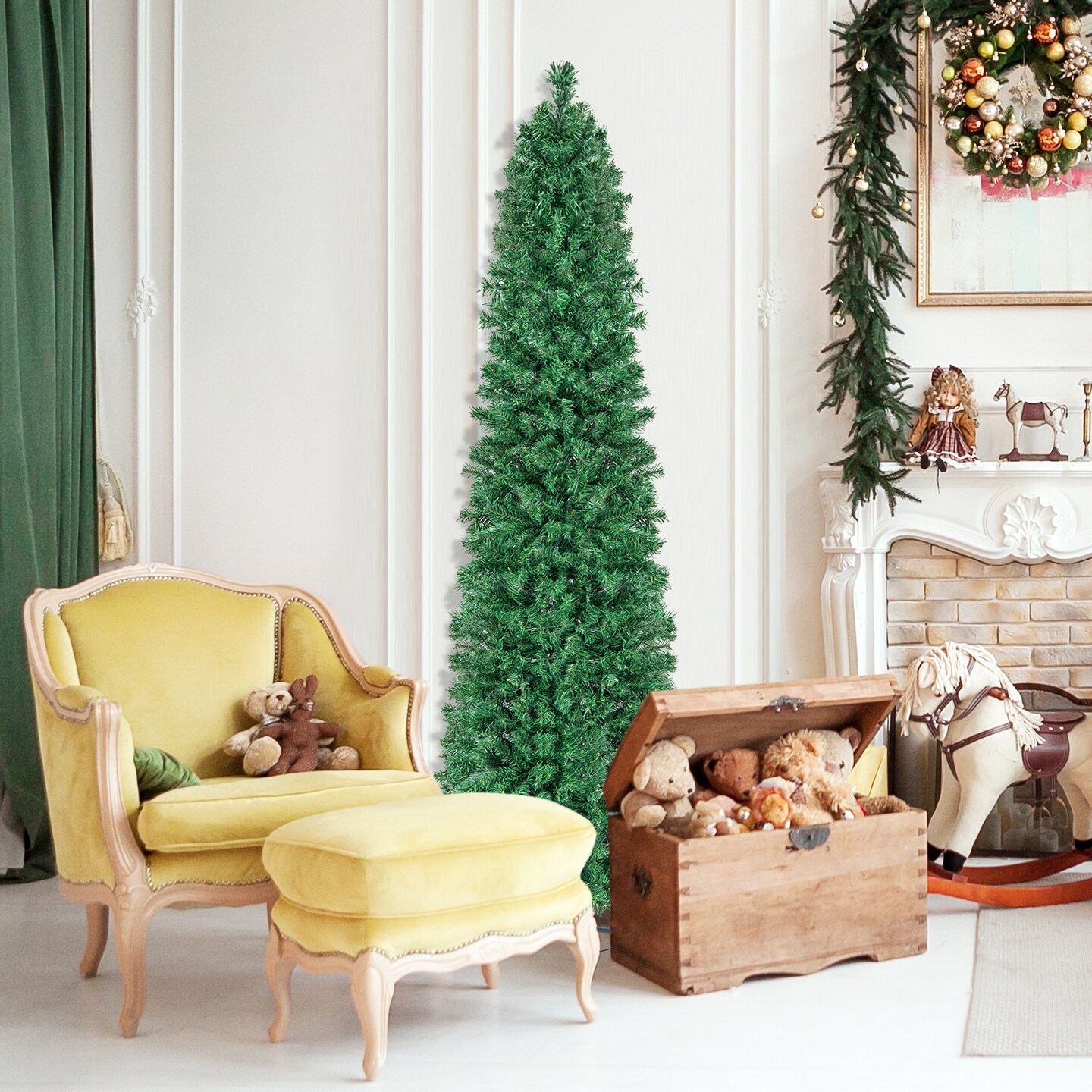 Pre-lit Christmas Pencil Tree With Colorful Fiber Optics Green