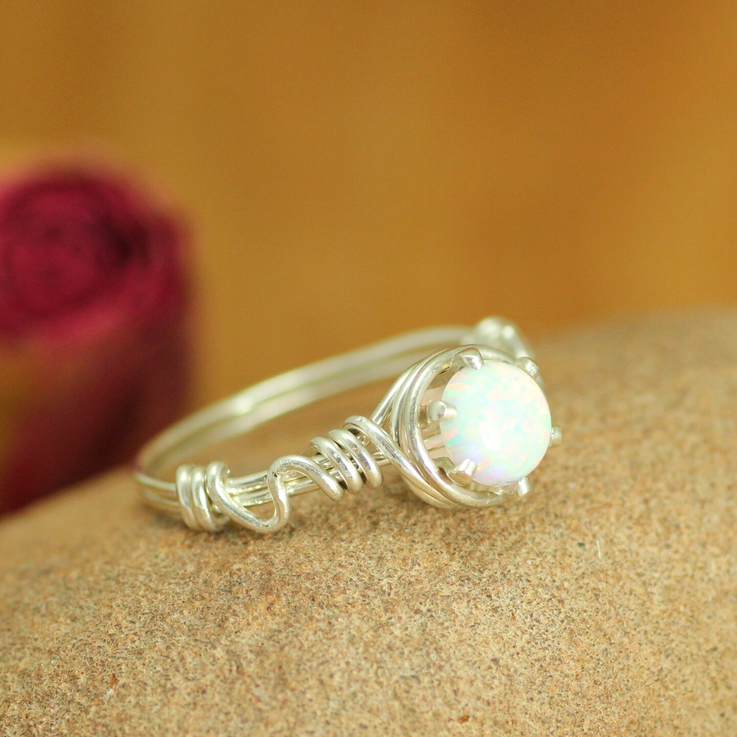 Opal Dainty Ring Handmade for October Birthstone in Sterling Silver, Engagement or Promise Jewelry Ring