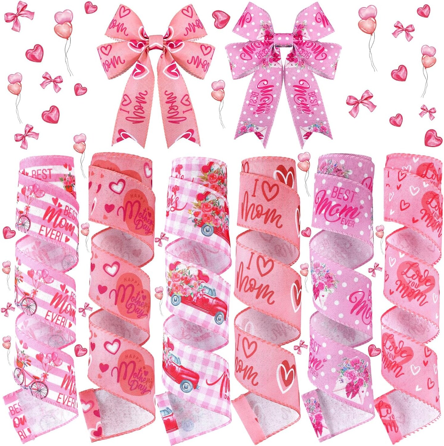 6 Rolls Mother&#x27;s Day Pink Love Burlap Ribbon