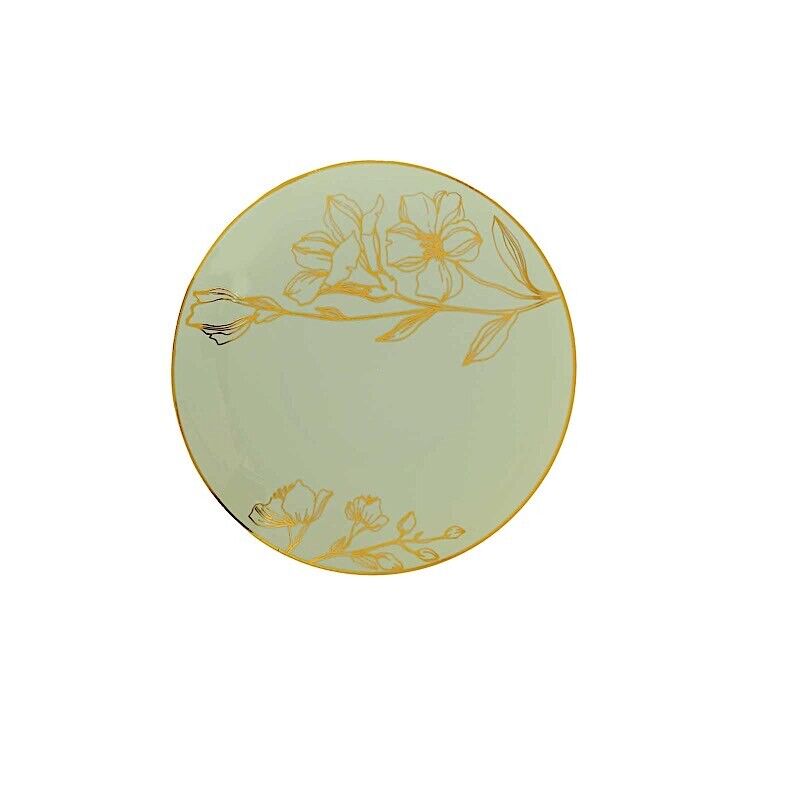 20 Round SAGE GREEN Plastic Salad Dinner PLATES Gold Floral Design
