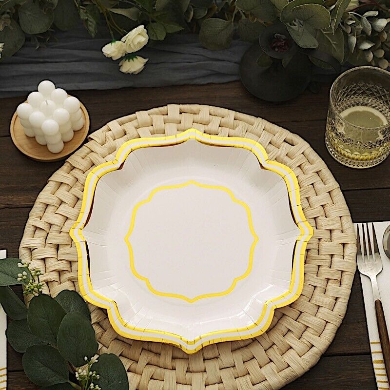 25 WHITE GOLD 10&#x22; Paper Salad DINNER PLATES Scallop Rim