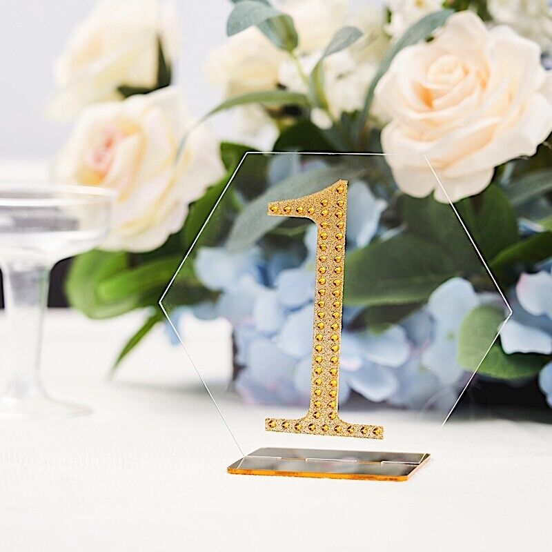 5 CLEAR GOLD 5&#x22; Hexagon ACRYLIC STANDS TABLE NUMBERS Holders